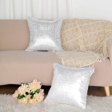 2 Pack 18" Silver Sequin Decorative Square Throw Pillow Cover