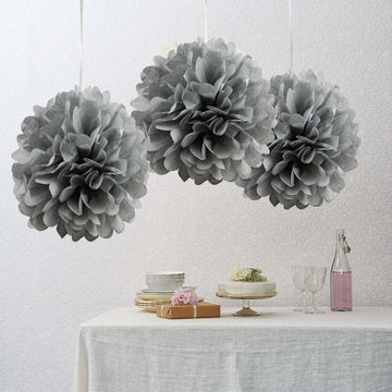 6 Pack 10" Silver Tissue Paper Pom Poms Flower Balls, Ceiling Wall Hanging Decorations