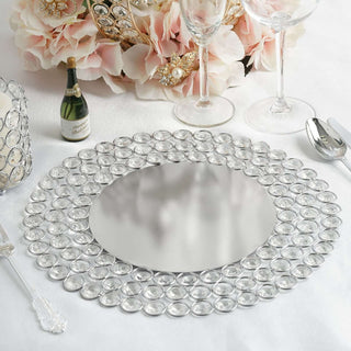 Add Elegance to Your Table with the 14" Silver Wired Metal Acrylic Crystal Beaded Charger Plate Add Elegance to Your Table with the 14" Silver Wired Metal Acrylic Crystal Beaded Charger Plate