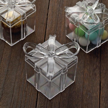 12 Pack 3" Square Clear Bow Top Plastic Party Favor Boxes, Transparent Candy Container Gift Boxes