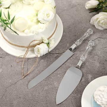 2 Set Stainless Steel Knife and Server Party Favors Set With Clear Acrylic Handle Free Gift Box - 10" & 12"