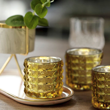 6 Pack 3" Studded Gold Mercury Glass Votive Holders, Faceted Tealight Candle Holders