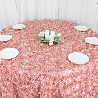 Add a Touch of Luxury with the 120" Dusty Rose Seamless Grandiose 3D Rosette Satin Round Tablecloth Add a Touch of Luxury with the 120" Dusty Rose Seamless Grandiose 3D Rosette Satin Round Tablecloth