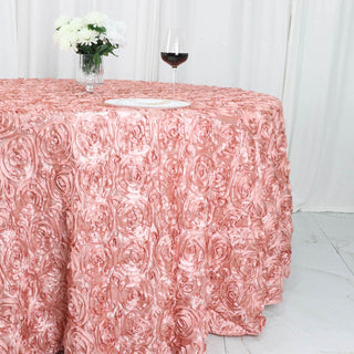 Create a Dreamy Atmosphere with the 120" Dusty Rose Seamless Grandiose 3D Rosette Satin Round Tablecloth Create a Dreamy Atmosphere with the 120" Dusty Rose Seamless Grandiose 3D Rosette Satin Round Tablecloth