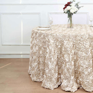 Create Memorable Moments with Beige Seamless Grandiose 3D Rosette Satin Round Tablecloth Create Memorable Moments with Beige Seamless Grandiose 3D Rosette Satin Round Tablecloth