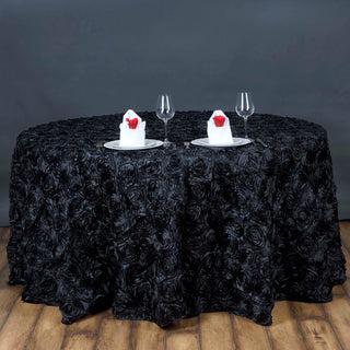 Elegant Black: 120" Black Seamless Grandiose 3D Rosette Satin Round Tablecloth Elegant Black: 120" Black Seamless Grandiose 3D Rosette Satin Round Tablecloth