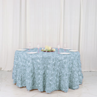 Elevate Your Event with the Stunning Light Blue 120" Seamless Rosette Satin Round Tablecloth