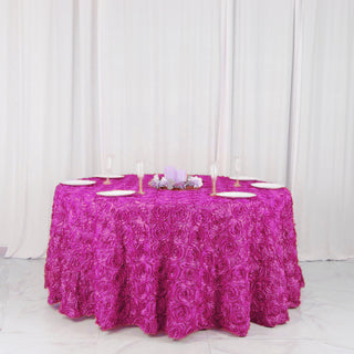 Elegant and Vibrant Fuchsia: 120" Seamless Grandiose 3D Rosette Satin Round Tablecloth