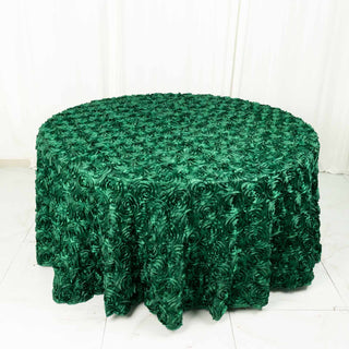 Add Elegance to Your Event with the 120" Hunter Emerald Green Seamless Grandiose 3D Rosette Satin Round Tablecloth