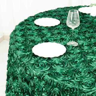 Add Elegance to Your Event with the 120" Hunter Emerald Green Seamless Grandiose 3D Rosette Satin Round Tablecloth Add Elegance to Your Event with the 120" Hunter Emerald Green Seamless Grandiose 3D Rosette Satin Round Tablecloth