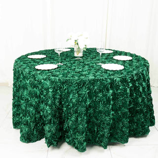 Transform Your Table with the 120" Hunter Emerald Green Seamless Grandiose 3D Rosette Satin Round Tablecloth Transform Your Table with the 120" Hunter Emerald Green Seamless Grandiose 3D Rosette Satin Round Tablecloth