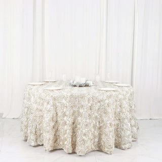 Elegant Ivory Seamless Grandiose 3D Rosette Satin Round Tablecloth Elegant Ivory Seamless Grandiose 3D Rosette Satin Round Tablecloth