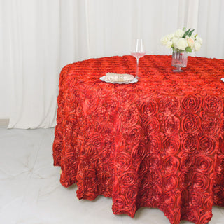 Enhance Your Event Decor with the Red Seamless Grandiose 3D Rosette Satin Round Tablecloth