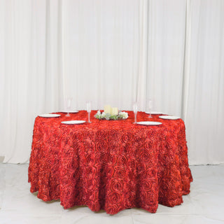 Elegant Red Seamless Grandiose 3D Rosette Satin Round Tablecloth
