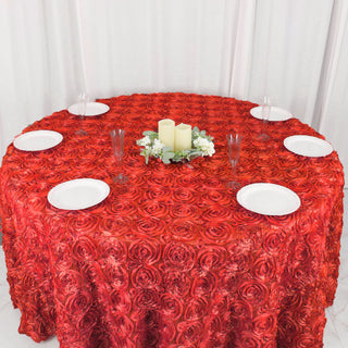 Create a Stunning Ambiance with the Red Seamless Grandiose 3D Rosette Satin Round Tablecloth