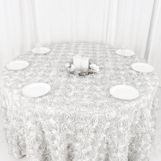 Transform Your Event with the White Seamless Grandiose 3D Rosette Satin Round Tablecloth