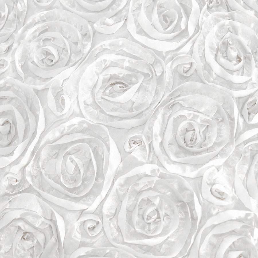 120inch White Grandiose 3D Rosette Satin Round Tablecloth#whtbkgd