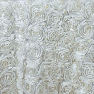 Create a Dreamy Atmosphere with our Ivory Seamless Grandiose Rosette 3D Satin Round Tablecloth Create a Dreamy Atmosphere with our Ivory Seamless Grandiose Rosette 3D Satin Round Tablecloth
