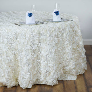 Elevate Your Event Decor with the Ivory Seamless Grandiose Rosette 3D Satin Round Tablecloth
