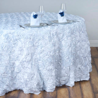 Elegant White: 132" White Seamless Grandiose Rosette 3D Satin Round Tablecloth