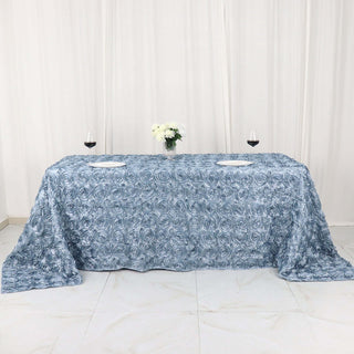 Elevate Your Event Decor with the Dusty Blue 90x132 Seamless Grandiose 3D Rosette Satin Rectangle Tablecloth Elevate Your Event Decor with the Dusty Blue 90x132 Seamless Grandiose 3D Rosette Satin Rectangle Tablecloth