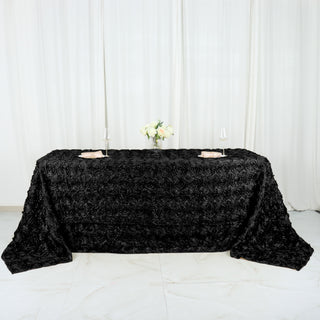 Elegant Black Rosette Satin Rectangle Tablecloth for Stunning Event Décor