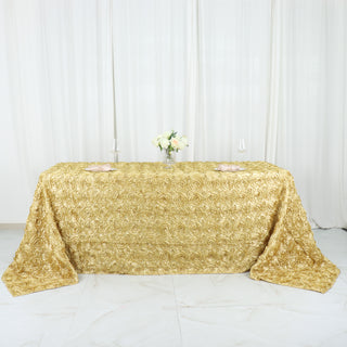 Elegant Champagne Seamless Grandiose 3D Rosette Satin Rectangle Tablecloth