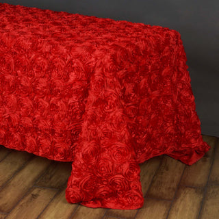 Add Elegance to Your Event with the Red Seamless Grandiose Rosette 3D Satin Rectangle Tablecloth