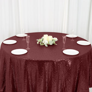 Make a Statement with the 120" Burgundy Seamless Premium Sequin Round Tablecloth