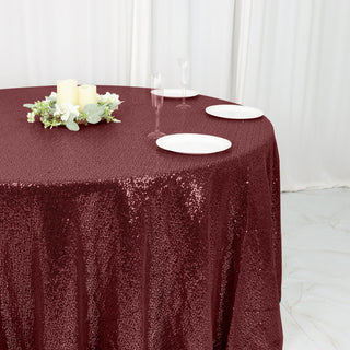 Create a Captivating Atmosphere with the 120" Burgundy Seamless Premium Sequin Round Tablecloth