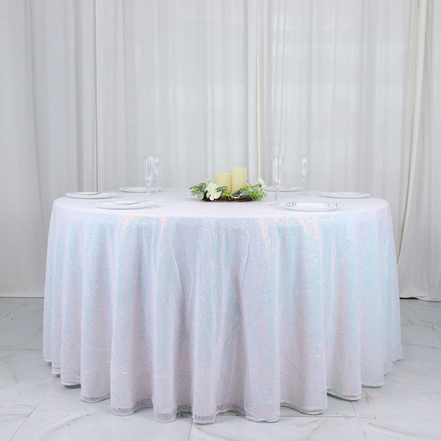 132" Iridescent Blue Seamless Premium Sequin Round Tablecloth, Sparkly Tablecloth