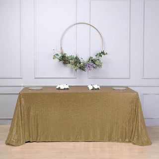 Elevate Your Event with the 90"x132" Champagne Seamless Premium Sequin Rectangle Tablecloth