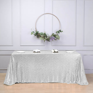 Elevate Your Event Decor with the Silver Sequin Rectangle Tablecloth