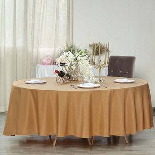 Dazzle Your Guests with the 108" Gold Polyester Round Tablecloth Dazzle Your Guests with the 108" Gold Polyester Round Tablecloth
