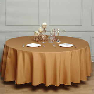 Elevate Your Event Decor with the 108" Gold Seamless Polyester Round Tablecloth