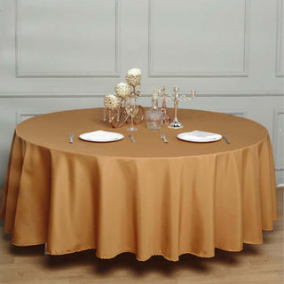 Elevate Your Event Decor with the 108" Gold Polyester Round Tablecloth Elevate Your Event Decor with the 108" Gold Polyester Round Tablecloth