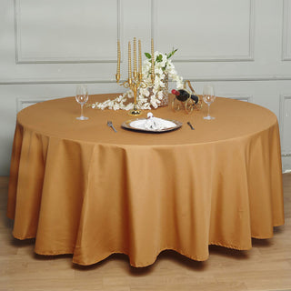 Add Elegance to Your Events with the 120" Gold Seamless Polyester Round Tablecloth