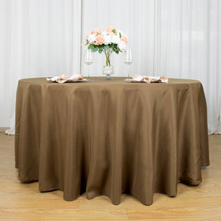 Elevate Your Event with the 120" Taupe Seamless Polyester Round Tablecloth