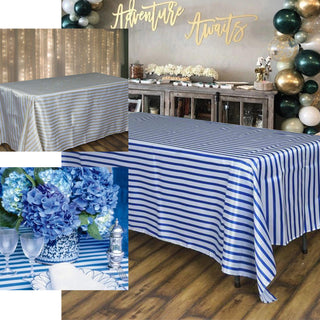 Create an Unforgettable Tablescape with the White/Turquoise Seamless Stripe Satin Rectangle Tablecloth