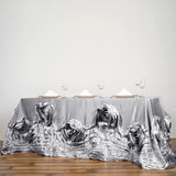 90"x132" Silver Large Rosette Rectangular Lamour Satin Tablecloth