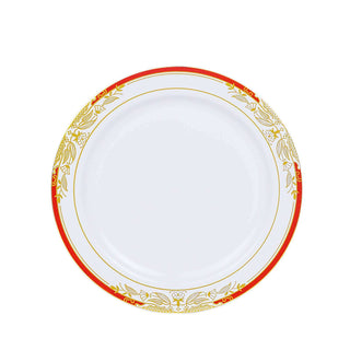Decorative ceramic plate with red and gold floral design on a white background