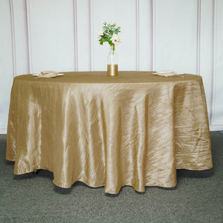 Elevate Your Event with the Gold Seamless Accordion Crinkle Taffeta Round Tablecloth