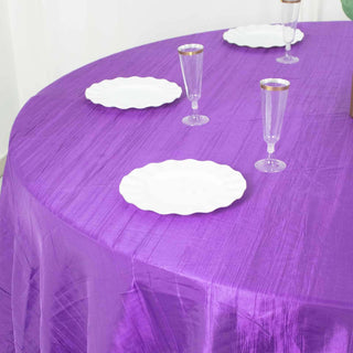 Complete Your Event Décor with the 120" Purple Seamless Accordion Crinkle Taffeta Round Tablecloth Complete Your Event Décor with the 120" Purple Seamless Accordion Crinkle Taffeta Round Tablecloth