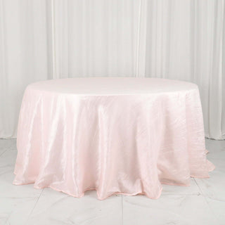 Add a Touch of Elegance with the 132" Blush Accordion Crinkle Taffeta Seamless Round Tablecloth Add a Touch of Elegance with the 132" Blush Accordion Crinkle Taffeta Seamless Round Tablecloth