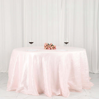 Create an Imperial Sublimity with the 132" Blush Accordion Crinkle Taffeta Seamless Round Tablecloth Create an Imperial Sublimity with the 132" Blush Accordion Crinkle Taffeta Seamless Round Tablecloth