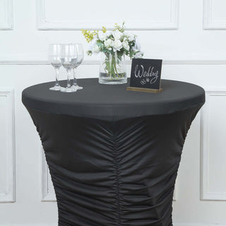 Professional-Grade Black Rouched Pleated Spandex Cocktail Table Cover Professional-Grade Black Rouched Pleated Spandex Cocktail Table Cover