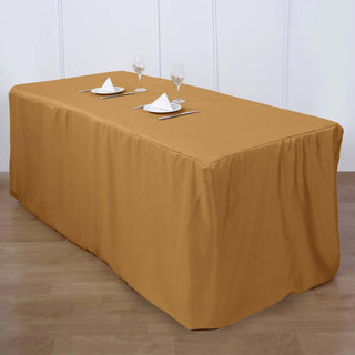 Brown tablecloth draped over a rectangular table set for dining.