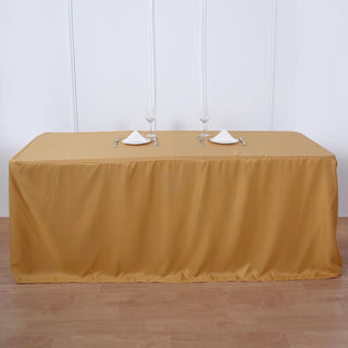 Versatile and Creative Event Decor with the 8ft Gold Fitted Polyester Rectangular Table Cover