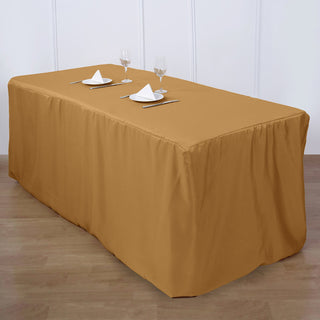 Add Elegance to Your Event with the 8ft Gold Fitted Polyester Rectangular Table Cover