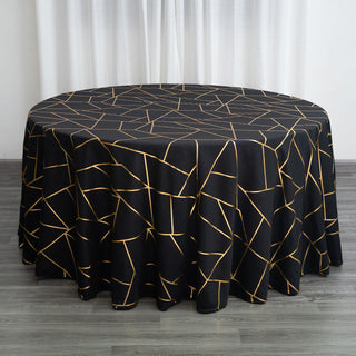 Black Round Tablecloth with Gold Foil Geometric Pattern